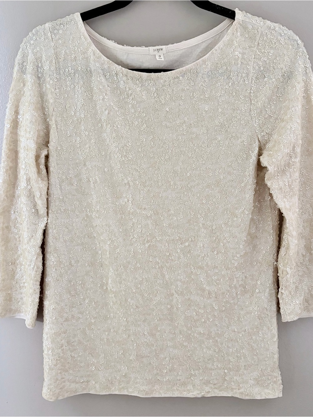 J.Crew Ivory Sequin Top Small 3/4 Sleeve Crewneck Blouse Party Sparkle